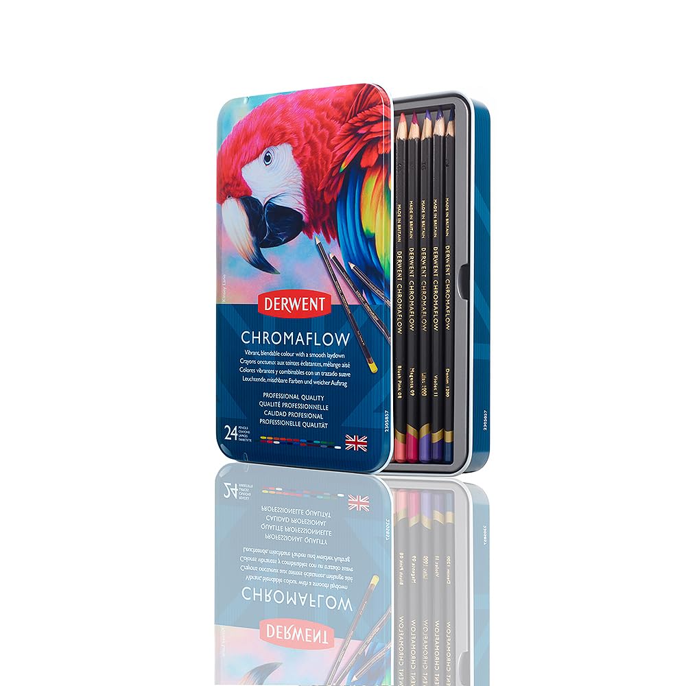 Derwent Chromaflow Pencils, Set of 24 in Tin, 3.5mm Round Core, Premium Core Strength, Blendable with Smooth Texture, Ideal for Drawing, Colouring & Layering, Professional Quality, 2305857