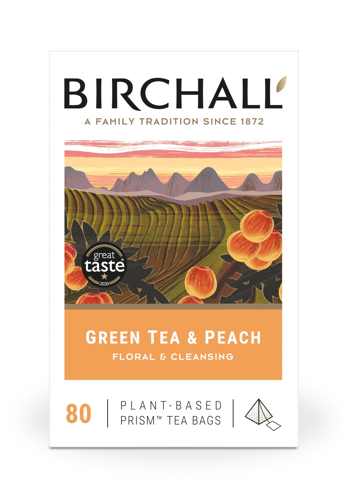 Birchall Tea | Green Tea & Peach | Green Tea Infusion | 1 Pack of 80 Plant-Based Prism Tea Bags