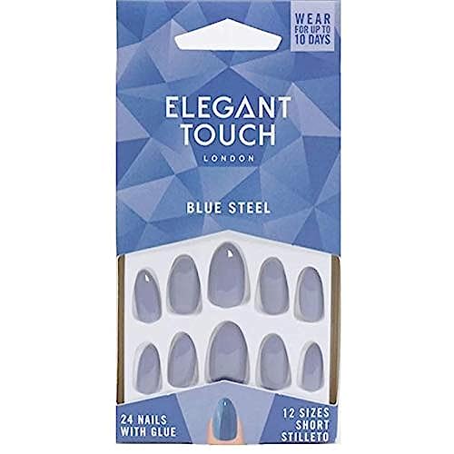 Elegant Touch Perfect Coloured False Nails Collection Blue Steel 24 Short Stilleto Nails With Glue, Pack of 1