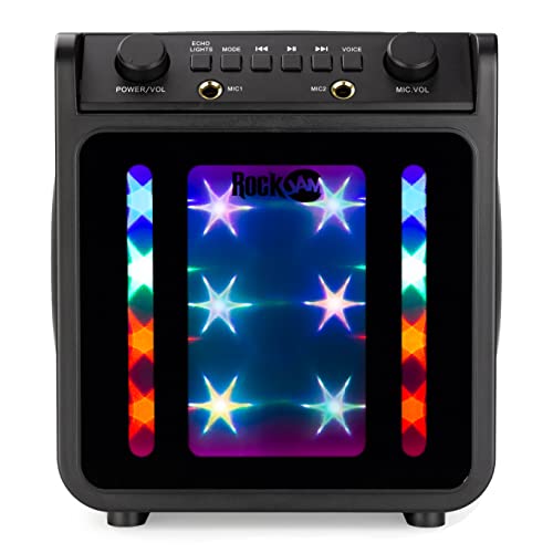 Rockjam 10-Watt Rechargeable Bluetooth Karaoke Machine with Two Microphones, Voice Changing Effects and LED Lights, Black