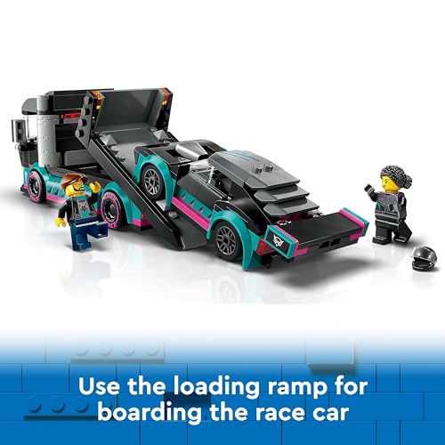 LEGO City Race Car and Car Carrier Truck Toy, Vehicle and Transporter Building Set for 6 Plus Year Old Boys & Girls with Adjustable Loading Ramp, Racer and Driver Minifigures, Fun Gift for Kids 60406