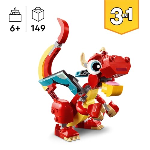 LEGO Creator 3in1 Red Dragon Toy to Fish Figure to Phoenix Bird Model, Animal Figures Set, Gifts for 6 Plus Year Old Boys, Girls and Kids 31145