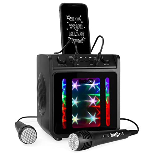 Rockjam 10-Watt Rechargeable Bluetooth Karaoke Machine with Two Microphones, Voice Changing Effects and LED Lights, Black