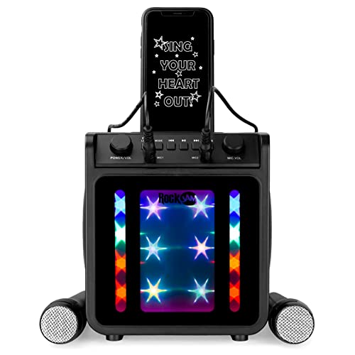 Rockjam 10-Watt Rechargeable Bluetooth Karaoke Machine with Two Microphones, Voice Changing Effects and LED Lights, Black