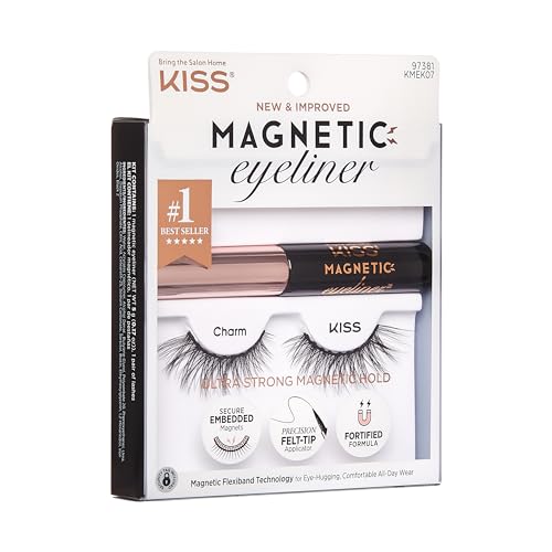 KISS Magnetic Lash Collection Eyeliner & Lash Kit 1 Pair of False Eyelashes and Magnetic Eyeliner, Charm, Reusable Synthetic False Eyelashes With 5 Double Strength Magnets