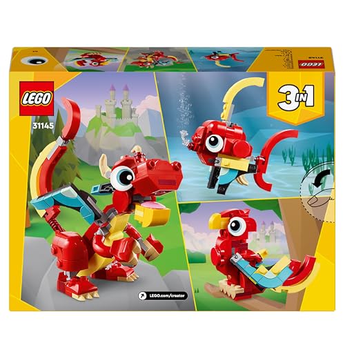 LEGO Creator 3in1 Red Dragon Toy to Fish Figure to Phoenix Bird Model, Animal Figures Set, Gifts for 6 Plus Year Old Boys, Girls and Kids 31145