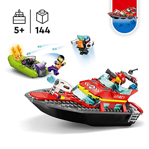 LEGO 60373 City Fire Rescue Boat Toy, Floats on Water, with Jetpack, Dinghy and 3 Minifigures, Everyday Hero Toys for Boys and Girls Aged 5+, Gift Idea