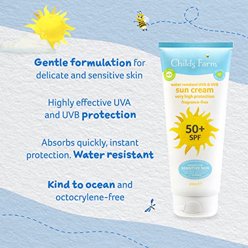 Childs Farm Kids and Baby Sun Cream SPF 50plus Water Resistant UVA and UVB Very High Protection Suitable for Dry, Sensitive and Eczema-prone Skin 200ml