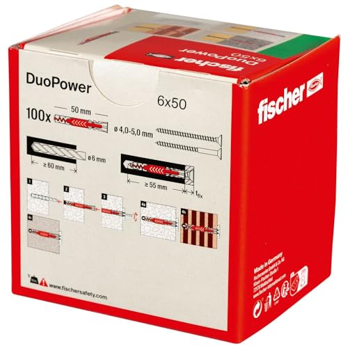 fischer DuoPower 6 x 50, Powerful Universal Plug with Intelligent 2-Component Technology for fastenings in Concrete, Bricks, Gypsum plasterboard, chipboard, etc., 100 Plugs Without Screws