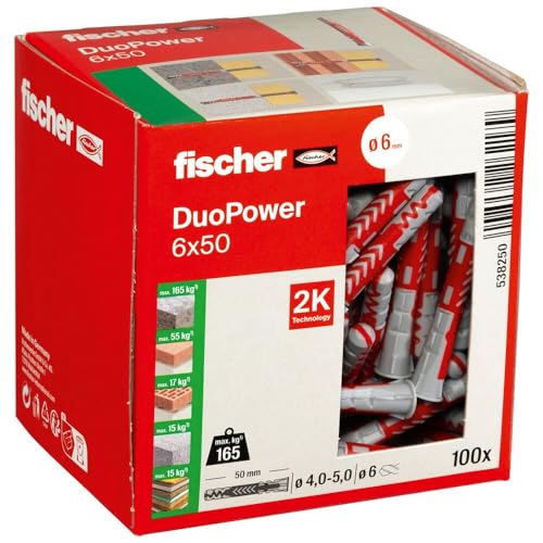 fischer DuoPower 6 x 50, Powerful Universal Plug with Intelligent 2-Component Technology for fastenings in Concrete, Bricks, Gypsum plasterboard, chipboard, etc., 100 Plugs Without Screws