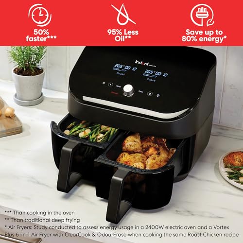 Instant Vortex Plus Dual Air Fryer with Large Double Air Frying Drawers and 8-in-1 Smart Programmes - Air Fry, Bake, Roast, Grill, Dehydrate, Reheat, XL Capacity - SyncCook & SyncFinish-1700W