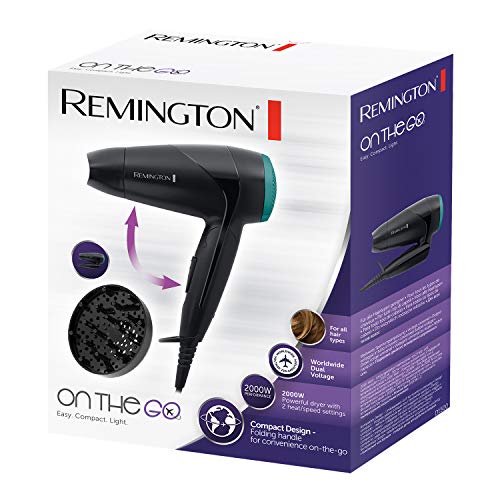 Remington Folding Travel Hairdryer with Mini Concentrator and Diffuser, Worldwide Voltage - D1500, Black