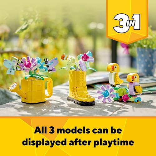 LEGO Creator 3in1 Flowers in Watering Can Toy to Welly Boot to 2 Birds on a Perch, Animals Set for Girls, Boys & Kids, with 3 Butterfly Toys, Makes a Great Desk Accessory, Nature Gift 31149