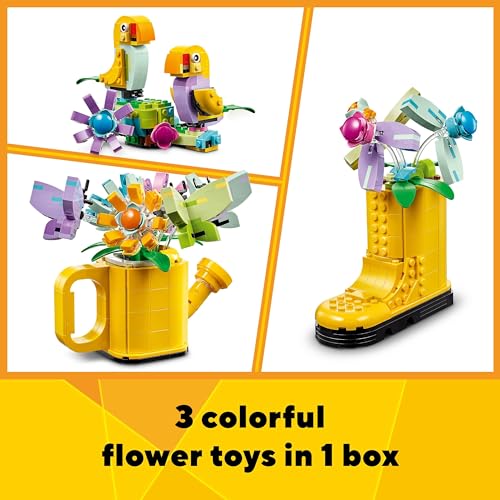 LEGO Creator 3in1 Flowers in Watering Can Toy to Welly Boot to 2 Birds on a Perch, Animals Set for Girls, Boys & Kids, with 3 Butterfly Toys, Makes a Great Desk Accessory, Nature Gift 31149