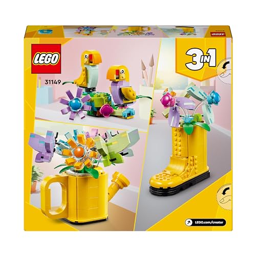 LEGO Creator 3in1 Flowers in Watering Can Toy to Welly Boot to 2 Birds on a Perch, Animals Set for Girls, Boys & Kids, with 3 Butterfly Toys, Makes a Great Desk Accessory, Nature Gift 31149