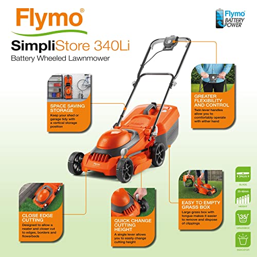 Flymo SimpliStore 340 Li Battery Lawnmower - 40V, 34cm Cutting Width, Close Edge Cutting