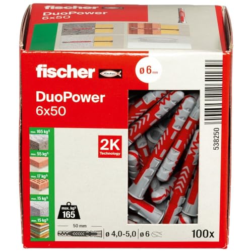 fischer DuoPower 6 x 50, Powerful Universal Plug with Intelligent 2-Component Technology for fastenings in Concrete, Bricks, Gypsum plasterboard, chipboard, etc., 100 Plugs Without Screws