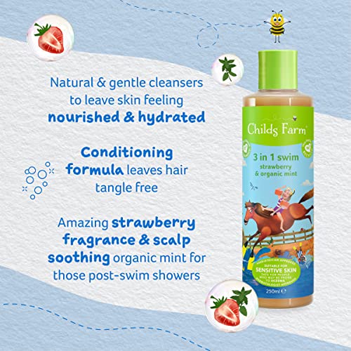 Childs Farm, Kids 3 in 1 Swim, Strawberry and Organic Mint 250 ml, Body Wash, Shampoo and Conditioner, Suitable for Dry, Sensitive and Eczema-Prone Skin