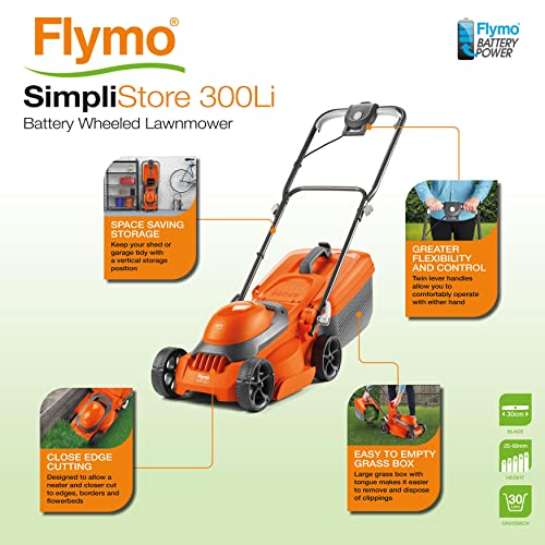 Flymo SimpliStore 300 Li Battery Lawnmower - 40V, 30cm Cutting Width, Close Edge Cutting