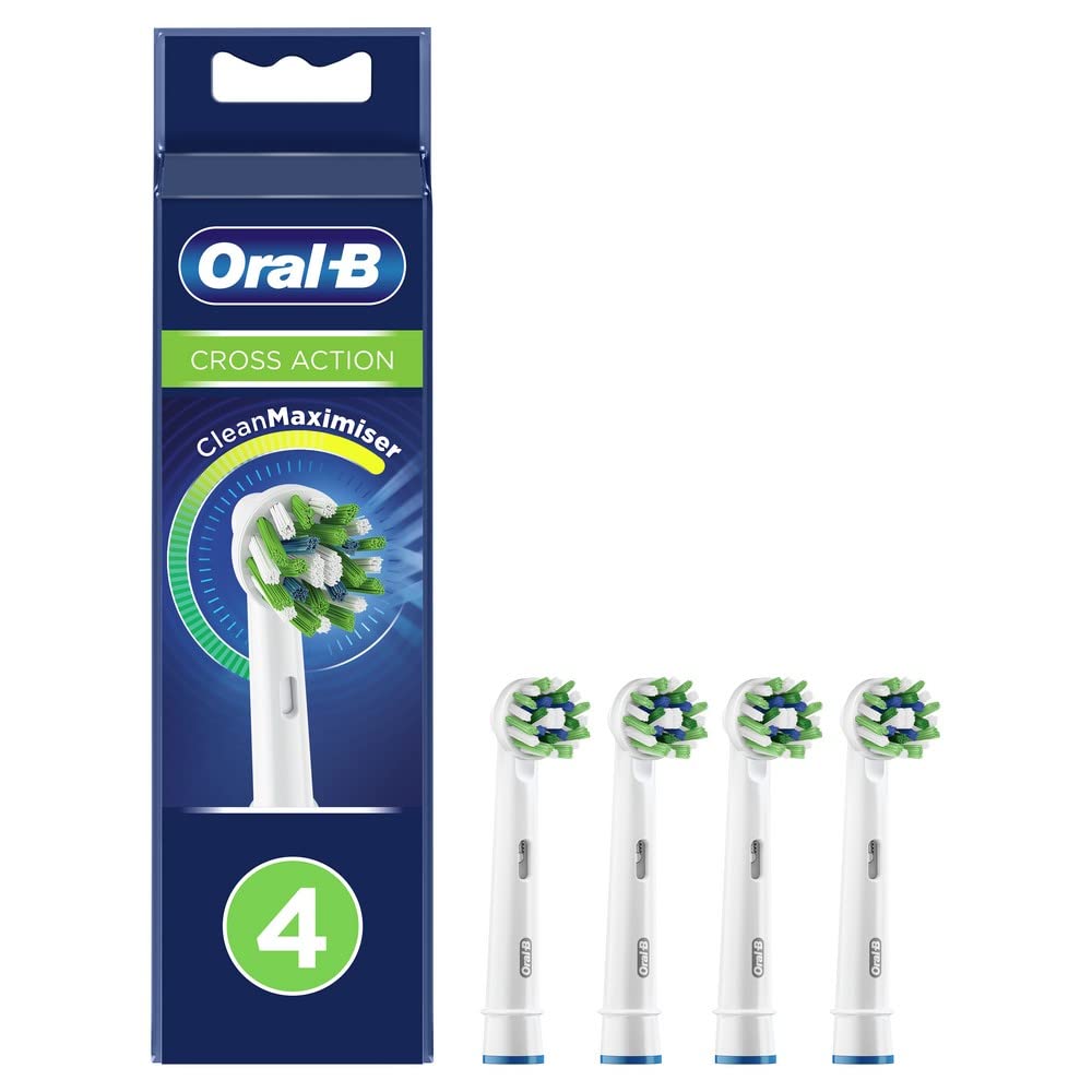 Oral-B Cross Action Electric Toothbrush Head With CleanMaximiser Technology, Angled Bristles For Deeper Plaque Removal, Pack Of 4, White- Packaging may vary