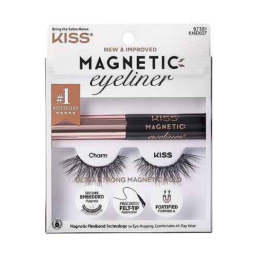 KISS Magnetic Lash Collection Eyeliner & Lash Kit 1 Pair of False Eyelashes and Magnetic Eyeliner, Charm, Reusable Synthetic False Eyelashes With 5 Double Strength Magnets