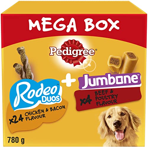 Pedigree Multipack with 24 Rodeo Duos Chicken and Bacon Flavour and 4 Jumbone Beef and Poultry Flavour, Dog Treat Snacks, Mega Box