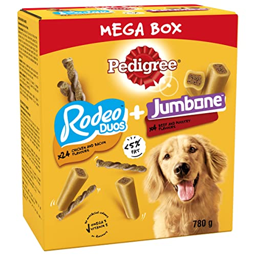 Pedigree Multipack with 24 Rodeo Duos Chicken and Bacon Flavour and 4 Jumbone Beef and Poultry Flavour, Dog Treat Snacks, Mega Box