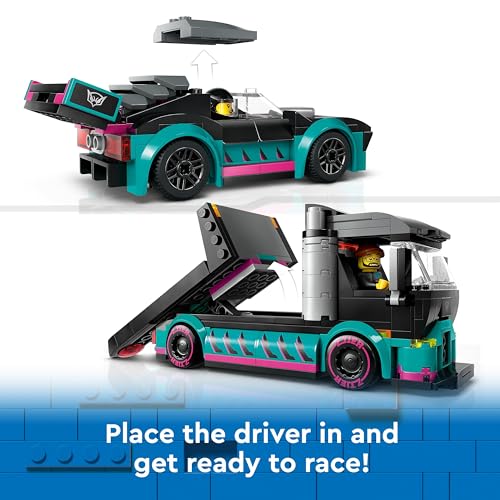 LEGO City Race Car and Car Carrier Truck Toy, Vehicle and Transporter Building Set for 6 Plus Year Old Boys & Girls with Adjustable Loading Ramp, Racer and Driver Minifigures, Fun Gift for Kids 60406