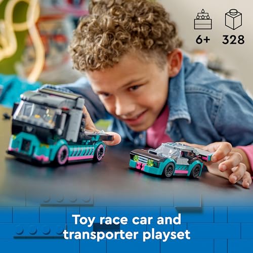 LEGO City Race Car and Car Carrier Truck Toy, Vehicle and Transporter Building Set for 6 Plus Year Old Boys & Girls with Adjustable Loading Ramp, Racer and Driver Minifigures, Fun Gift for Kids 60406