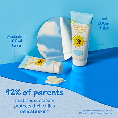 Childs Farm Kids and Baby Sun Cream SPF 50plus Water Resistant UVA and UVB Very High Protection Suitable for Dry, Sensitive and Eczema-prone Skin 200ml