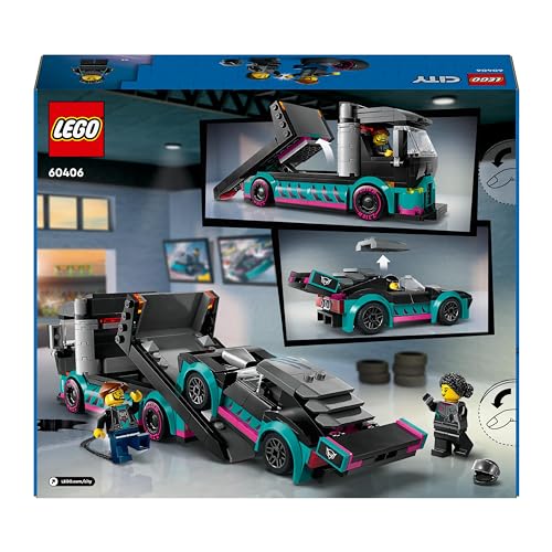 LEGO City Race Car and Car Carrier Truck Toy, Vehicle and Transporter Building Set for 6 Plus Year Old Boys & Girls with Adjustable Loading Ramp, Racer and Driver Minifigures, Fun Gift for Kids 60406