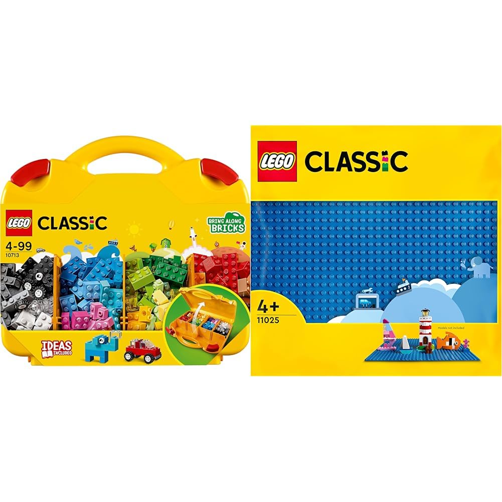 LEGO 10713 Classic Creative Suitcase, Toy Storage Case With Fun Colourful Building Bricks, Gifts 4 Plus Year Old Kids, Boys & Girls & 11025 Classic Blue Baseplate, Square 32x32 Build and Display Board