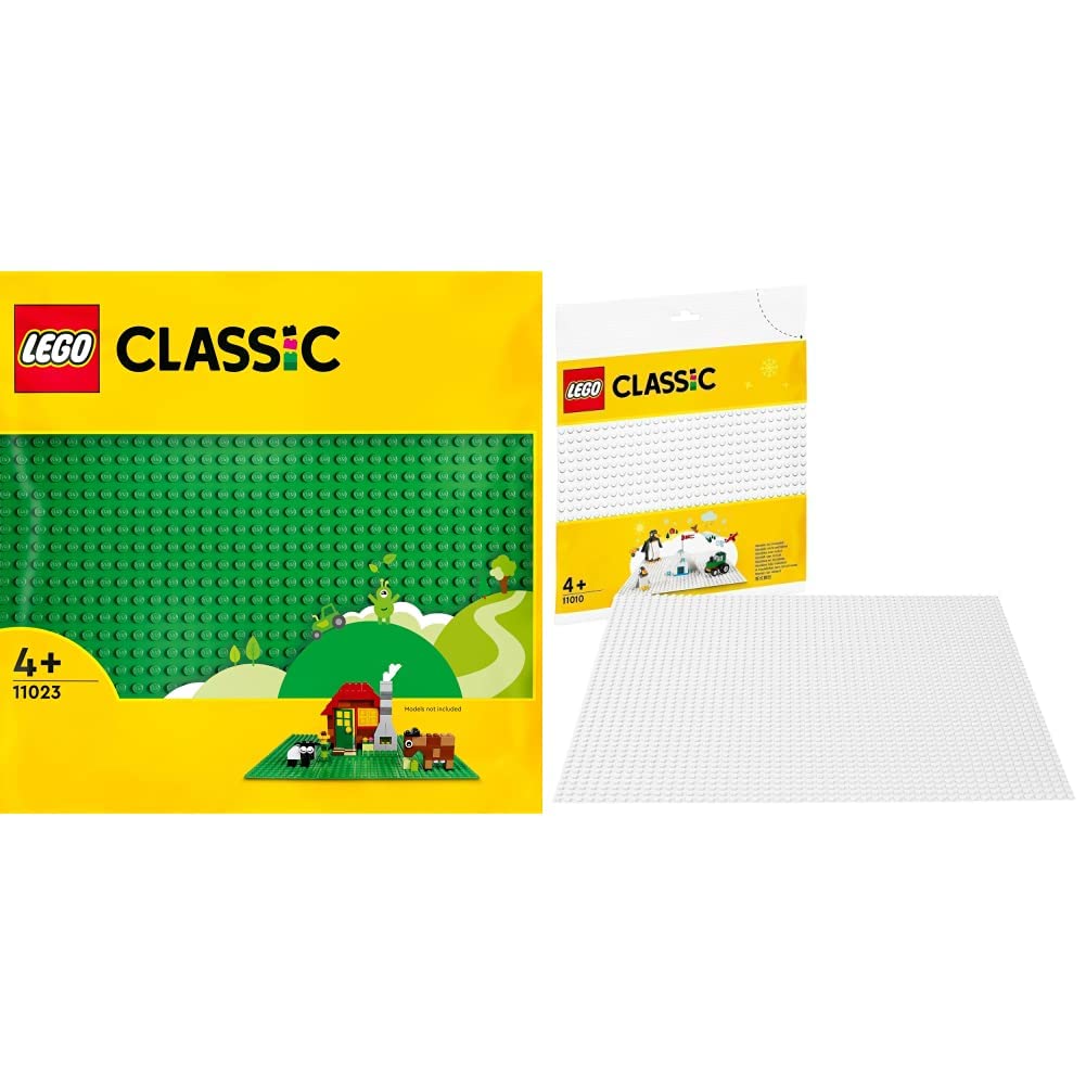 LEGO 11023 Classic Green Baseplate, Square 32x32 Stud Building Base, Build and Display Board Set &  11010 Classic Baseplate White 10" x 10" / 25 cm x 25 cm for Winter Sets Construction Base