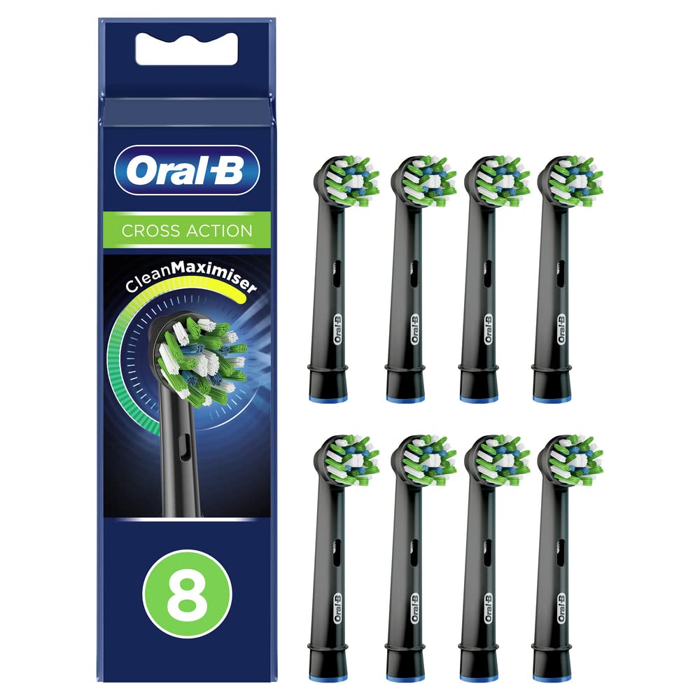 Oral-B Cross Action Electric Toothbrush Head with CleanMaximiser Technology, Angled Bristles for Deeper Plaque Removal, Pack of 8 Toothbrush Heads, Black Edition