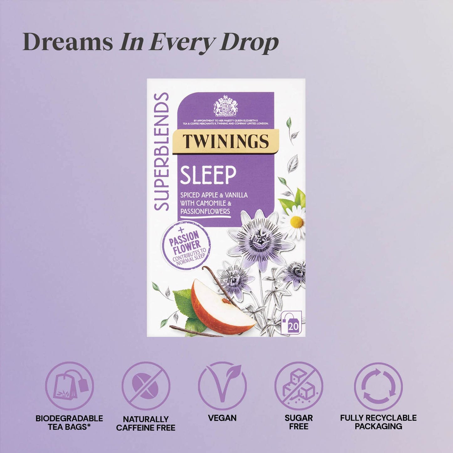 Twinings Superblends Sleep Tea - Spiced Apple & Vanilla Herbal Tea Infusion with Camomile & Passion Flower - 80 Biodegradable Tea Bags