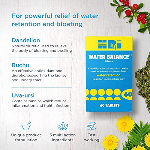 HRI Water Balance Tablets with Dandelion Root, Uva Ursi and Buchu Leaf. to Relieve Symptoms of Mild Water Retention and Provide Bloating Relief. 60 Tablets