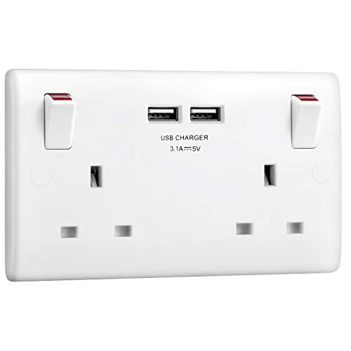 BG Electrical 8223u Double Switched 13 A Fast Charging Power Socket with Two USB Charging Ports, 3.1 A, 5 V, 15.5 W, Round Edge, White