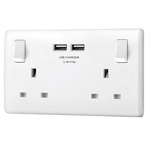 BG Electrical 8223u Double Switched 13 A Fast Charging Power Socket with Two USB Charging Ports, 3.1 A, 5 V, 15.5 W, Round Edge, White