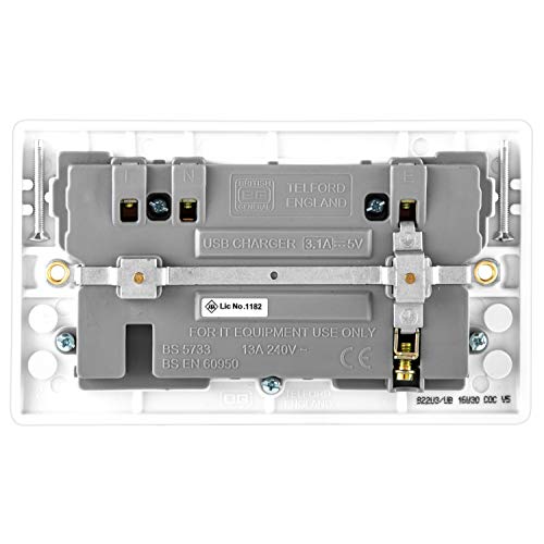 BG Electrical 8223u Double Switched 13 A Fast Charging Power Socket with Two USB Charging Ports, 3.1 A, 5 V, 15.5 W, Round Edge, White