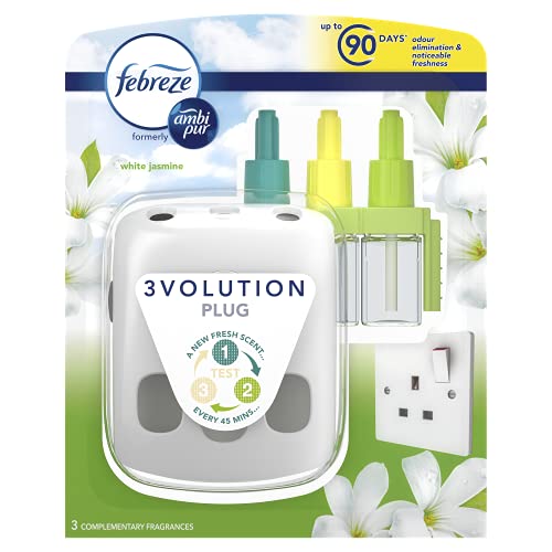 Febreze Ambi Pur 3Volution, Air Freshener Plug-In Starter Kit, 60 ml (20 x 3), Odour Eliminator & Prevention, White Jasmine