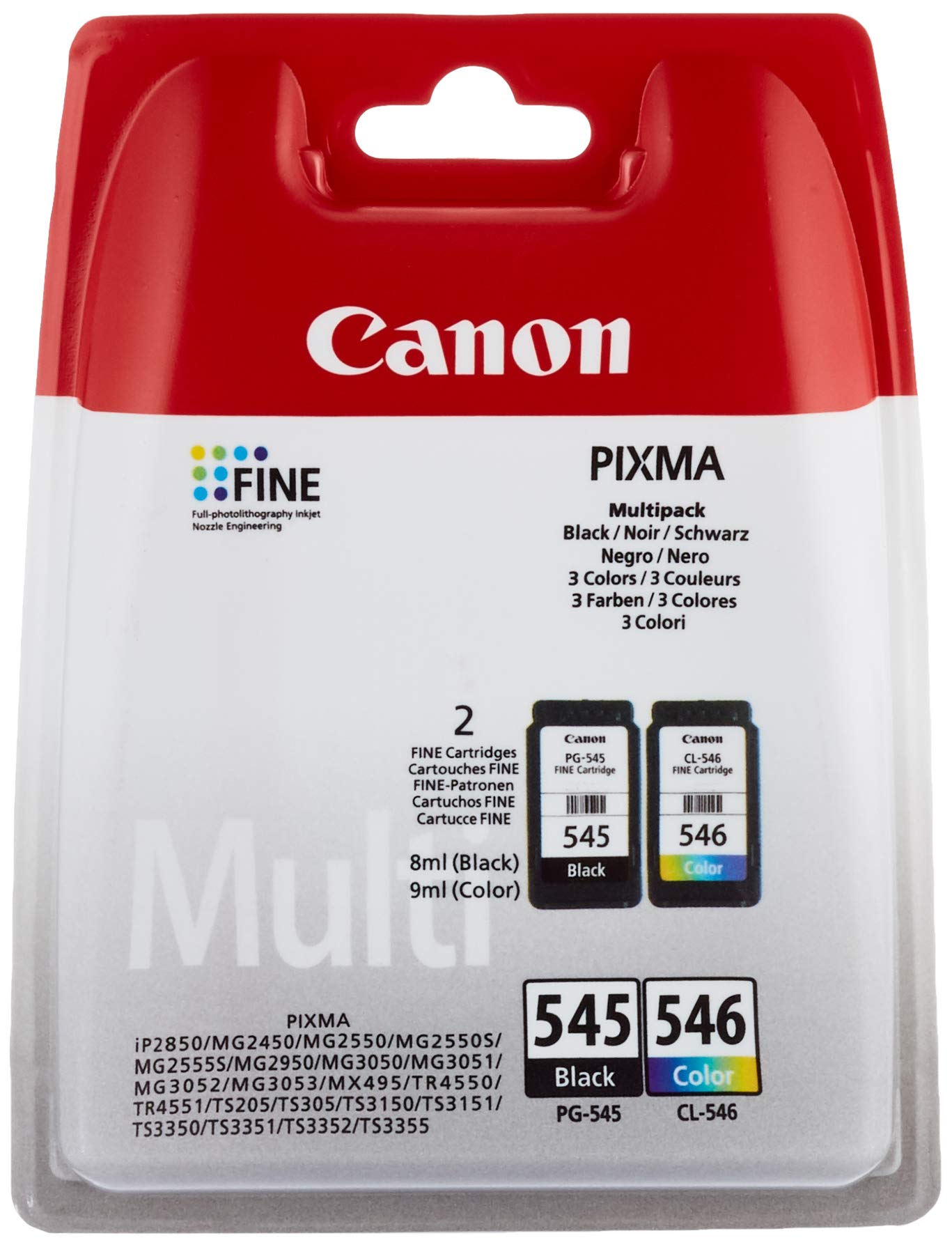 CANON PG-545 / CL-546 Ink Black and Colour Standard Capacity Black 180 SS Colour, Pack of 2 Blister without Alarm