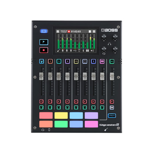 BOSS Gigcaster 8 | 8-Channel Audio Streaming Mixer with Direct Guitar/Bass Input | 4 XLR/TRS Combo Inputs | Built-In Stereo Mic | 8 SFX Pads | 20x14 USB Audio Interface | Onboard Recording | Bluetooth