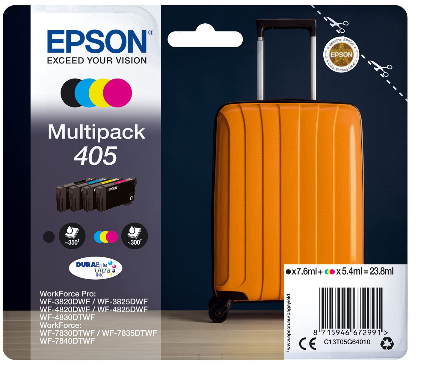 Epson 405 Suitcase Genuine Multipack, 4-colours Ink Cartridges, DURABrite Ultra Ink