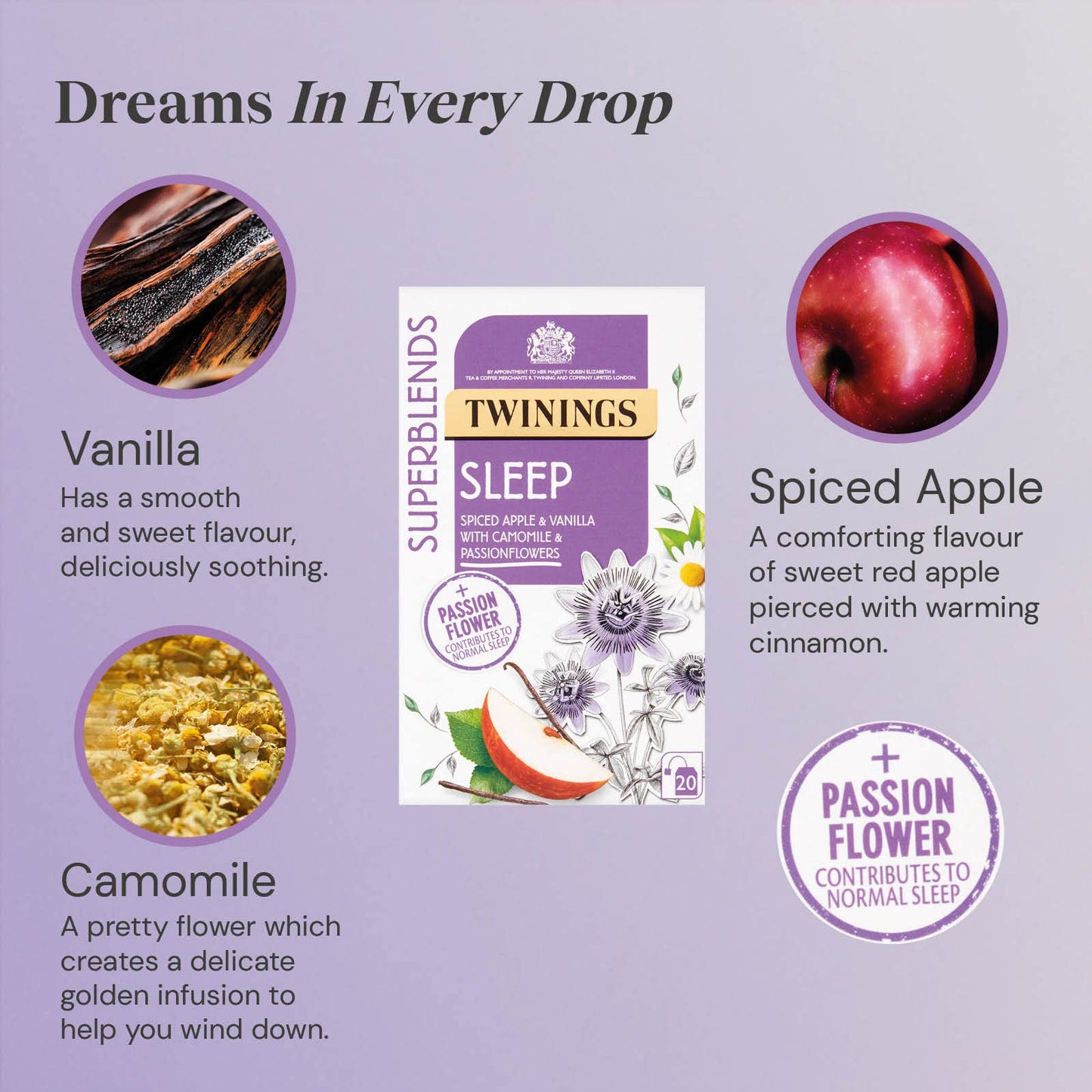 Twinings Superblends Sleep Tea - Spiced Apple & Vanilla Herbal Tea Infusion with Camomile & Passion Flower - 80 Biodegradable Tea Bags