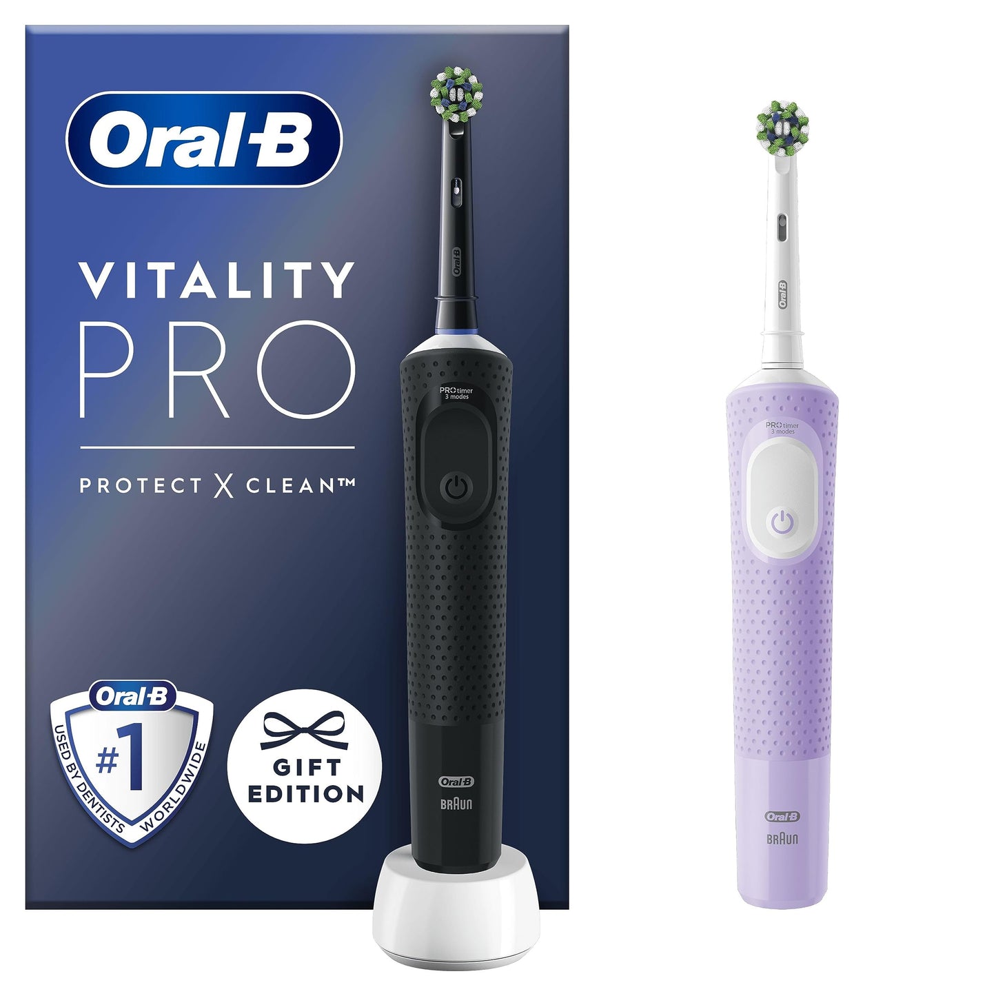 Oral-B Vitality Pro 2x Electric Toothbrushes For Adults, Valentines Day Gifts For Him / Her, 2 Toothbrush Heads, 3 Brushing Modes Including Sensitive Plus, 2 Pin UK Plug, Black & Purple