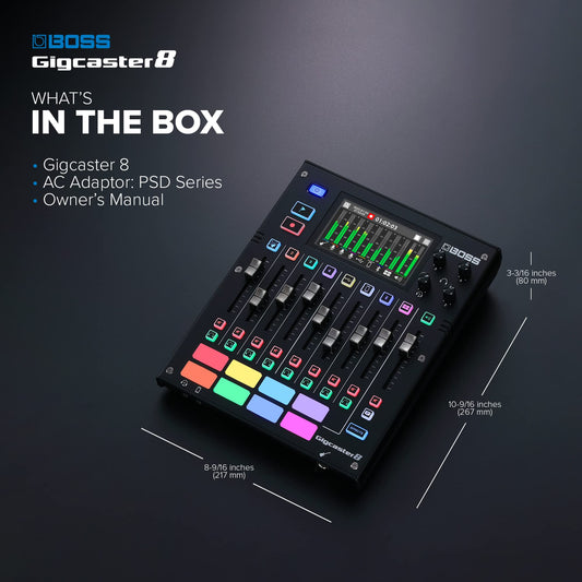 BOSS Gigcaster 8 | 8-Channel Audio Streaming Mixer with Direct Guitar/Bass Input | 4 XLR/TRS Combo Inputs | Built-In Stereo Mic | 8 SFX Pads | 20x14 USB Audio Interface | Onboard Recording | Bluetooth