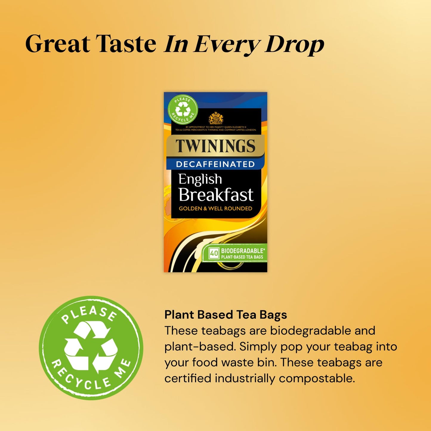 Twinings English Breakfast Decaf Tea | Golden, Well Rounded & Full Bodied Decaffeinated Black Tea | 40 Biodegradable Tea Bags