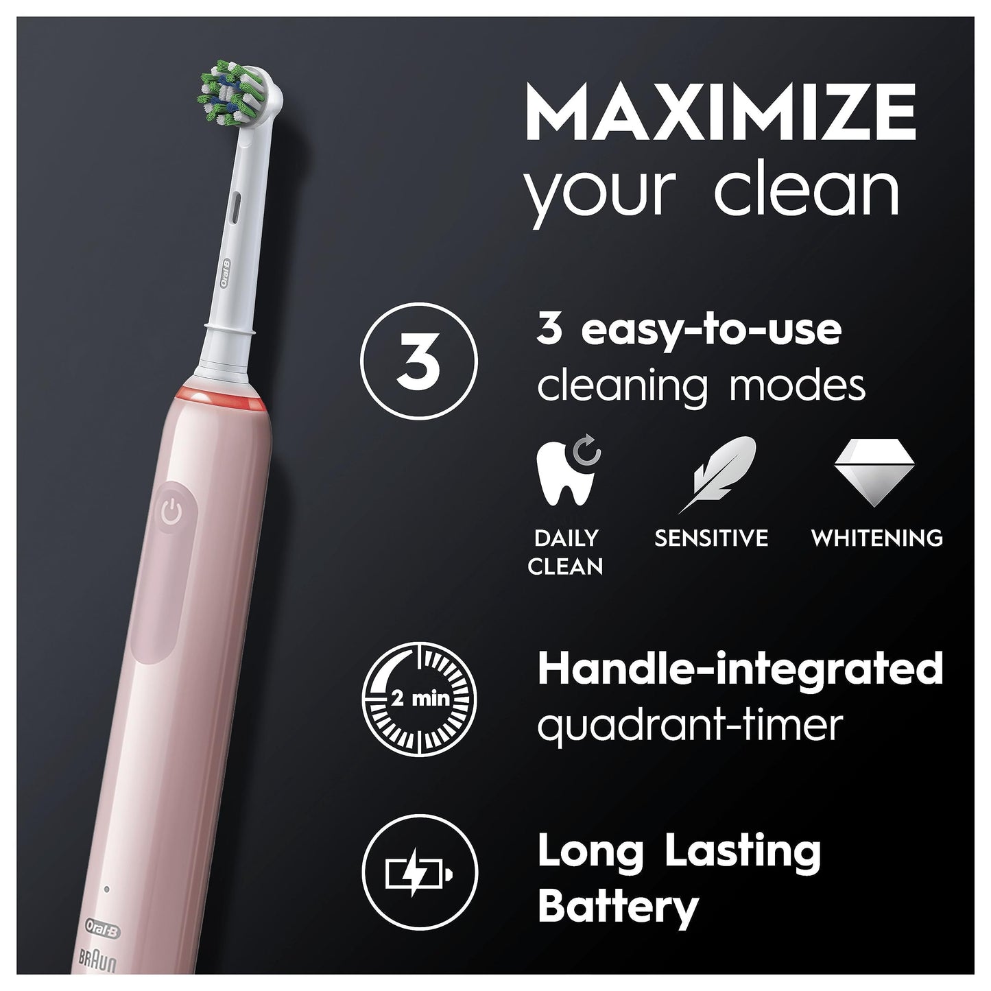 Oral-B Pro 3 Electric Toothbrushes For Adults, Valentines Day Gifts For Him / Her, 1 3D White Toothbrush Head & Travel Case, 3 Modes with Teeth Whitening, 2 Pin UK Plug, 3500, Pink