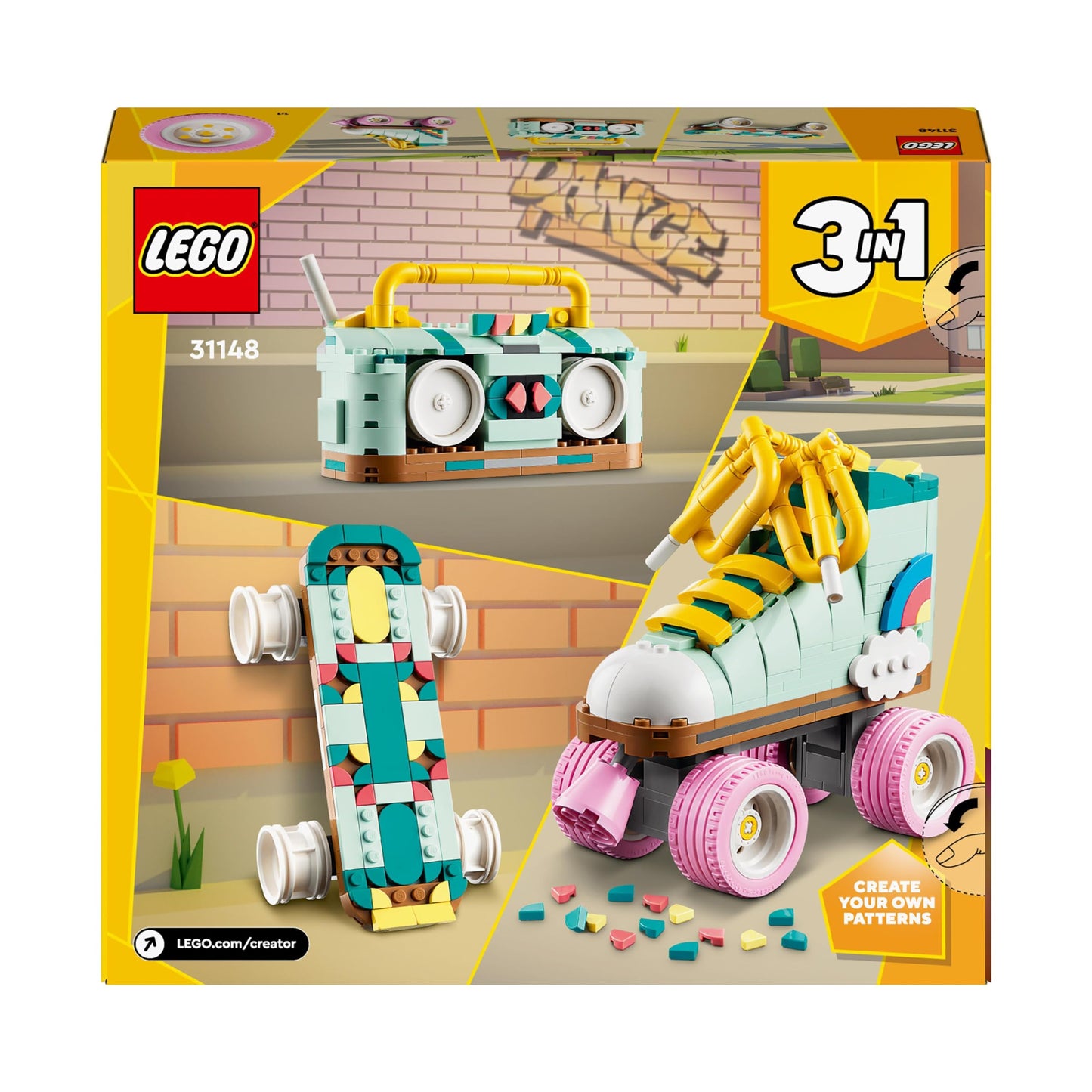 LEGO Creator 3in1 Retro Roller Skate to Mini Skateboard Toy to Boom Box Radio, Set for 8 Plus Year Old Girls, Boys & Kids, Great Desk Decoration or Bedroom Accessories, Gifts for Music Lovers 31148