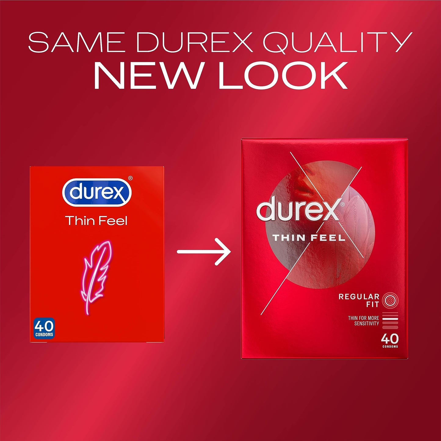 Durex Thin Feel Condoms, Regular Fit, 40s, Secure, Tighter, Natural Latex, with Silicone Lube, Easy On Shape